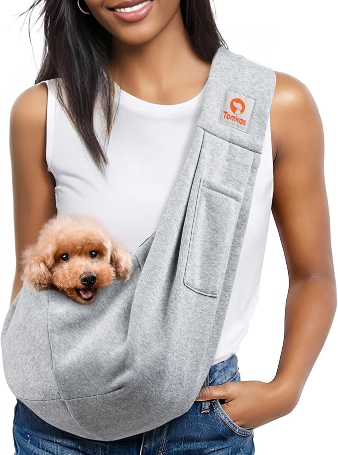 Tomkas Dog Carrier Sling for Small Dogs and Cats, Unadjustable Strap, Classic Pocket, Snap Closure (Grey, M - Unadjustable Strap)