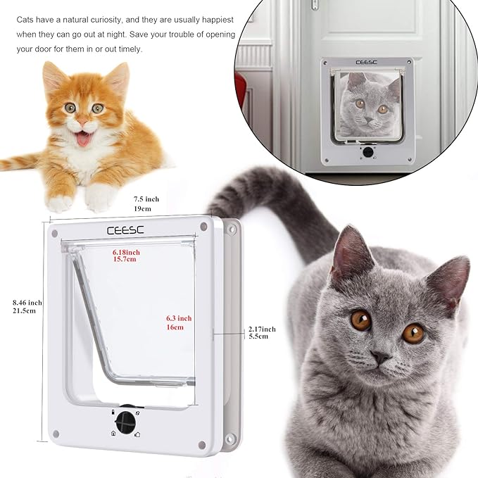 CEESC Cat Doors, Magnetic Pet Door with Rotary 4 Way Lock for Cats, Kitties and Kittens, Upgraded Version (Medium, White)
