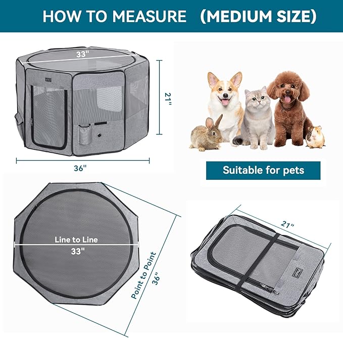 Petsfit Portable Dog Playpen 36" Portable Pet Play Pens for Small Medium Dogs, Cat Playpen Indoor/Outdoor with Carring Case, Removable Zipper Top and Bottom,Medium (36"x36"x21")