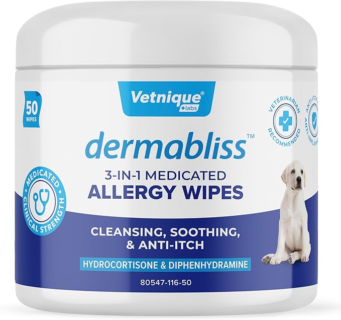 Vetnique Dermabliss 3-in-1 Medicated Dog Wipes - Relief for Itchy Skin, Allergies & Odor Control, Gentle No-Sting Formula, Antihistamine & Hydrocortisone Paw Wipes for Dogs & Cats 50ct