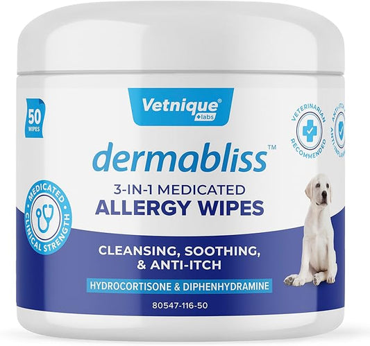 Vetnique Dermabliss 3-in-1 Medicated Dog Wipes - Relief for Itchy Skin, Allergies & Odor Control, Gentle No-Sting Formula, Antihistamine & Hydrocortisone Paw Wipes for Dogs & Cats 50ct