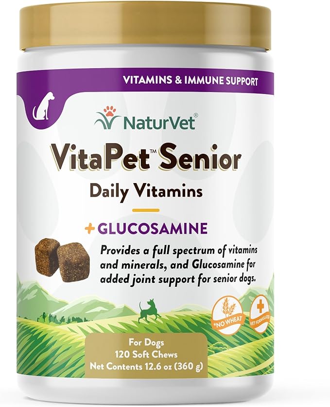 NaturVet VitaPet Senior Daily Vitamin Dog Supplements Plus Glucosamine – Includes Full-Spectrum Vitamins, Minerals – Joint Support for Older, Active Dogs – 120 Ct. Soft Chews