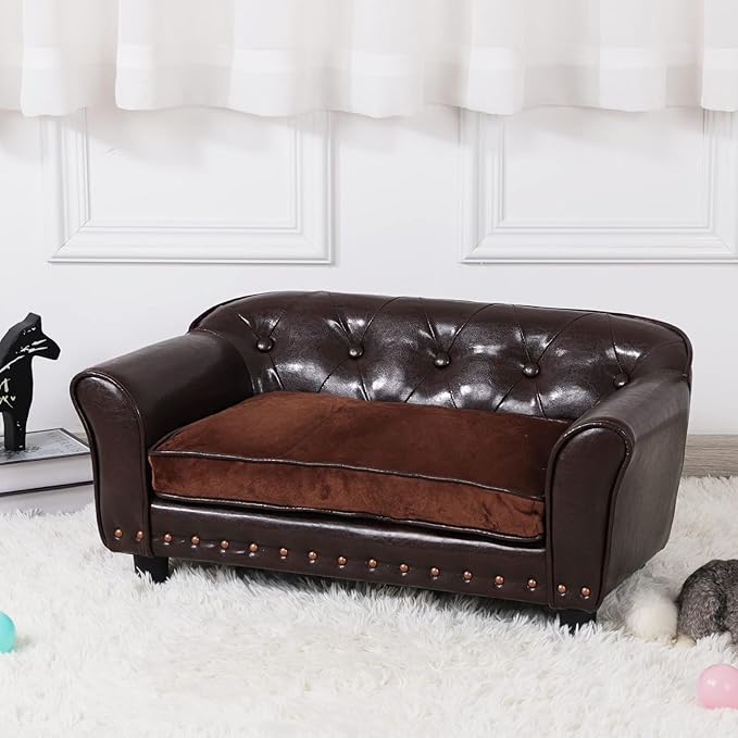 Dog Sofa and Chair/Luxury PU Leather Pet Sofa Chair/with Copper Nail Dog Couch/Wooden Frame Cat Sofa Chair/Dog Sofa Bed with Suede Cushion for Small Dog Using (brown)