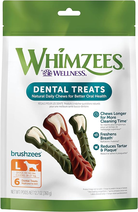 WHIMZEES by Wellness Brushzees Natural Dental Chews for Dogs, Long Lasting Treats, Grain-Free, Freshens Breath, Large Breed, 6 count