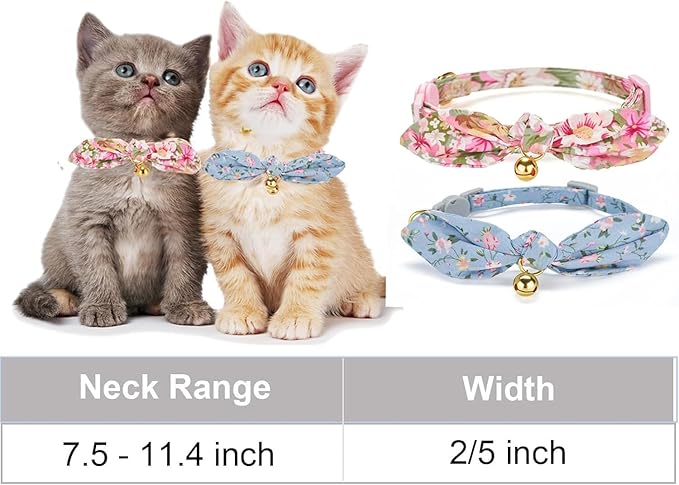 2 Pack Breakaway Cotton Cat Collars with Cute Bunny Ear Bowtie and Bell, Floral Female Male Kitten Collars(Pink & Blue)