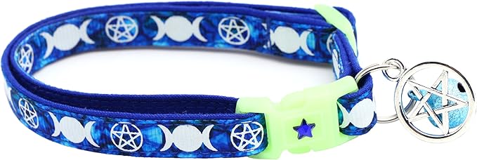 Wicca Cat Collar with Occult Charm & Bell | Witch’s Familiar on Pentacle Cat Collar | Witch Kitten Collar Charms | Glow in The Dark | Safety Breakaway Collar (Large(10lbs & Up), Sapphire)