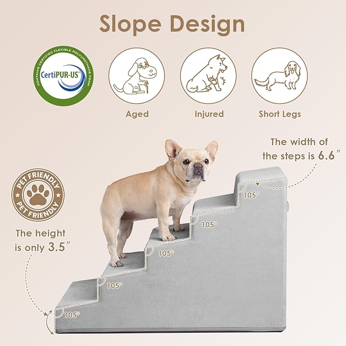 EHEYCIGA Dog Stairs for High Beds 22.5" H, 5-Step Dog Steps for Small Dogs and Cats, Slope Pet Steps with Non-Slip Bottom, Light Grey