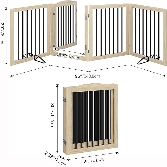 Folding Pet Gate 96" Wide, 30" Tall No-Assembly Wooden Dog Gate with Door Walk Through, Freestanding Pet Gate, Puppy Safety Fence, with 2PCS Support - Natural White