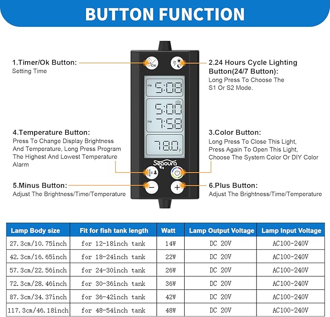 24/7 Auto On/Off Aquarium Light, Programmable Led Aquarium Light with Thermometer, Fish Tank Light with Full Spectrum+7 Single Color, WRBG DIY Color, for 24-30 Inch Planted Tank, 26W