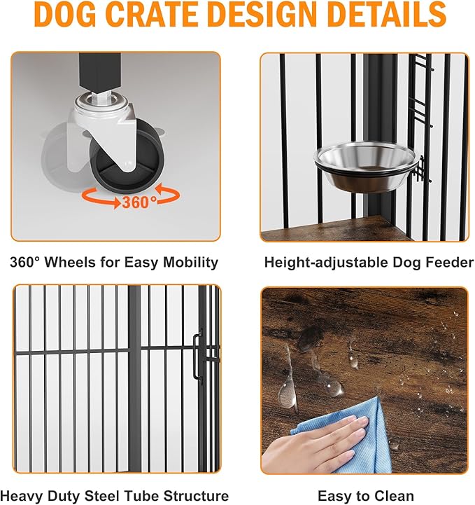 Large Dog Crate Furniture, Wooden Dog Crate End Table with Adjustable Height & 360° Rotating Feeder, Heavy Duty Dog Crate with Movable Wheels, Dog Kennel Indoor(48''L x 29.92''W x 44.29''H)