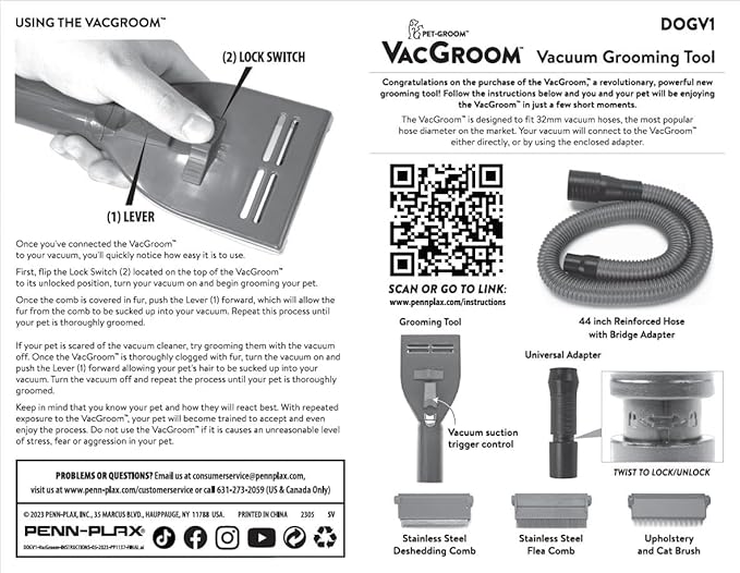 Penn-Plax VacGroom Pet Grooming and Shedding Vacuum Attachment Kit – Great for Dogs, Cats, and Your Furniture! Works With Almost All Vacuum Brands