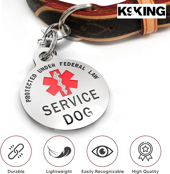 Service Dog Tag Double Sided Federal Protection with Red Medical Alert Symbol Pet ID Tags 1.25 inch. Easily attach to Collar Harness Vest Dog Service Tag