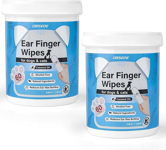 OBSEDE Ear Cleaner Finger Wipes, Grooming Kit Care for Dogs and Cats Regular Soothing Odor Control Reduce Dirt Wax Build Up Pet Supplies Easy to Use Fresh Coconut Scent, 120 Count