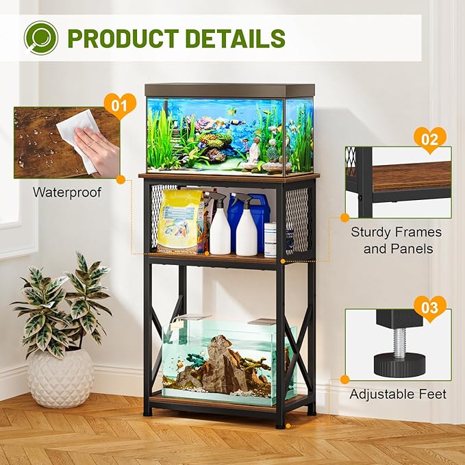 Snughome Fish Tank Stand, 10 Gallon Aquarium Stand with Storage, 3 Tier Heavy Metal Fish Tank Stand Fish Tank Shelf 20.47''L×11.42''W×30.91''H, Rustic Brown