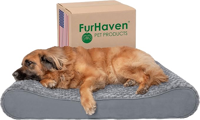 Furhaven Orthopedic Dog Bed for Large Dogs w/ Removable Washable Cover, For Dogs Up to 150 lbs - Ultra Plush Faux Fur & Suede Luxe Lounger Contour Mattress - Gray, Jumbo Plus/XXL
