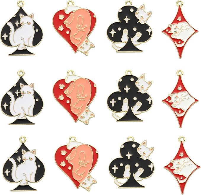 KitBeads 20pcs Enamel Cat Charms Mixed Colors Poker Kitten Charms Cartoon Pet Kitten Spade Diamond Club Heart Poker Charms for Jewelry Making