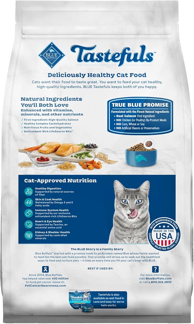 Blue Buffalo Tastefuls Adult Dry Cat Food Indoor Cat Formula, Made in the USA with Natural Ingredients, Salmon Recipe, 7-lb. Bag