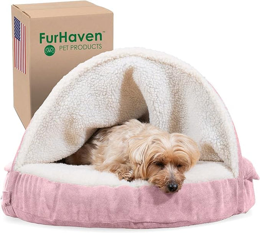 Furhaven 26" Round Memory Foam Dog Bed for Medium/Small Dogs w/ Removable Washable Cover, For Dogs Up to 30 lbs - Sherpa & Suede Snuggery - Pink, 26-inch