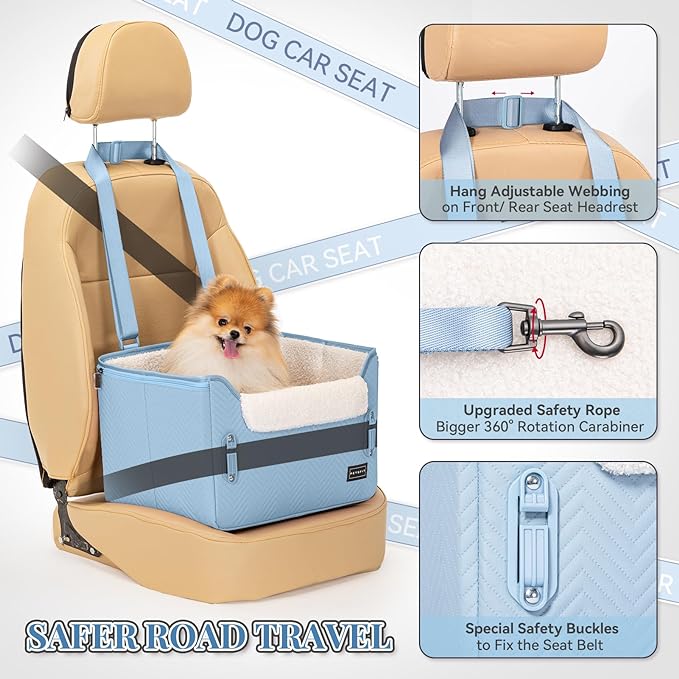 PETSFIT Dog Car Seat Medium Sized Dog, Stable Small Dog Car Seat for Car with Clip-On Leash, Fleece Liner Suitable for Small Pets Up to 25lbs (Blue)