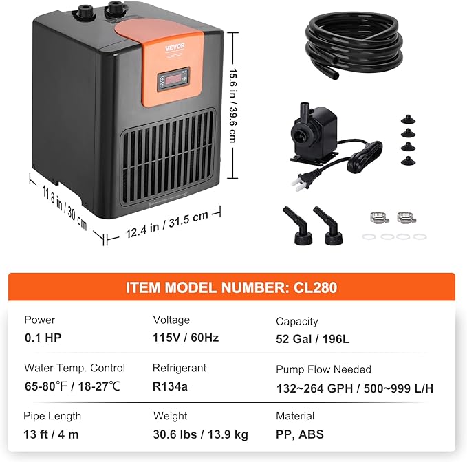 VEVOR Aquarium Chiller, 52 Gal 196 L, 1/10 HP Hydroponic Water Chiller, Quiet Refrigeration Compressor for Seawater and Fresh Water, Fish Tank Cooling System with Pump/Hose, for Jellyfish, Coral Reef