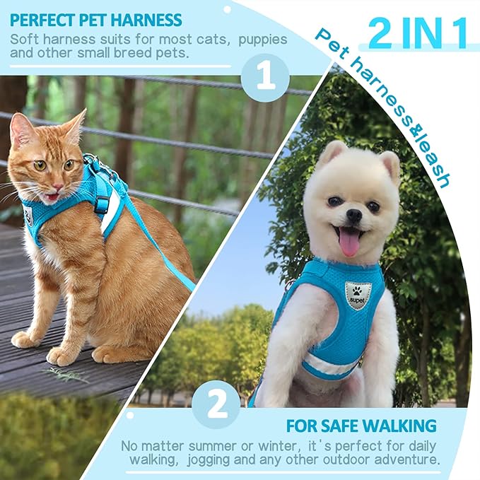 Supet Cat Harness and Leash Set for Walking Cat and Small Dog Harness Soft Mesh Harness Adjustable Cat Vest Harness with Reflective Strap Comfort Fit for Pet Kitten Puppy Rabbit