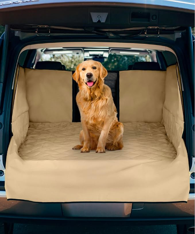 FrontPet Cargo Cover for Dogs, Water Resistant Pet Cargo Liner Dog Seat Cover Mat for SUVs Sedans Vans with Bumper Flap Protector, Non-Slip, Backseat Cover, Trunk Liner Universal Fit (Large/Tan)