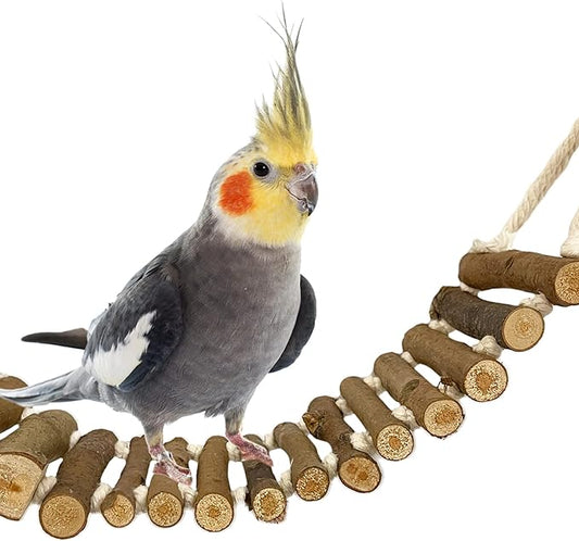 Bird Cage Ladder, Parrot Bridge Made of Natural Wood and Rope, Interactive Bird Toy for Small and Medium Sized Birds and Parrots, Parakeets, Cockatiels, Amazon Parrots, Conures etc.