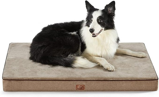 Bedsure Memory Foam Dog Bed for Large Dogs - Orthopedic Waterproof Dog Bed for Crate with Removable Washable Cover and Nonskid Bottom - Plush Flannel Fleece Top Pet Bed, Khaki