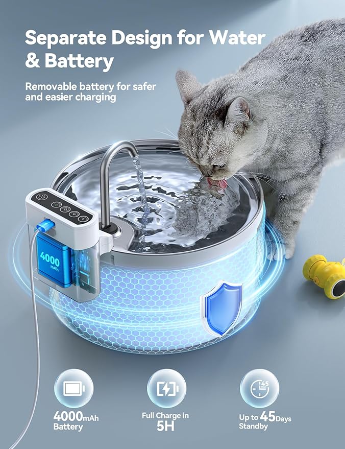 Wireless Cat Water Fountain [Water & Battery Separation] FEELNEEDY Automatic Pet Water Dispenser with Motion Sensor, 3.5L/118oz 4000mAh Battery Operated Water Fountains for Cats Dogs