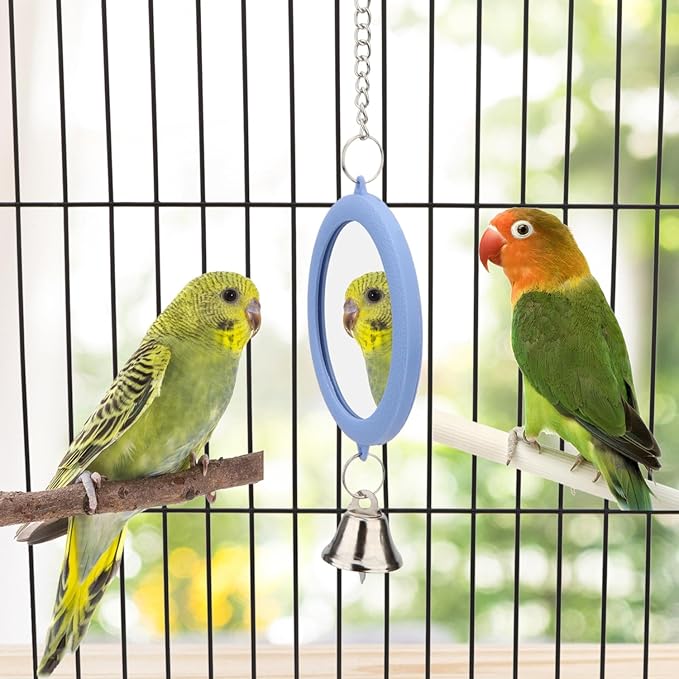 Pet Bird Mirror with Bell Interactive Parrot Toy Bird Cage Mirror for Cockatiel Parakeets Canaries Budgie (BLUE)