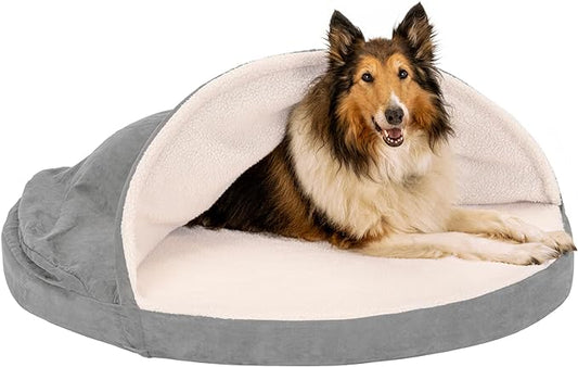 Furhaven 44" Round Cooling Gel Dog Bed for Large Dogs w/ Removable Washable Cover, For Dogs Up to 80 lbs - Sherpa & Suede Snuggery - Gray, 44-inch