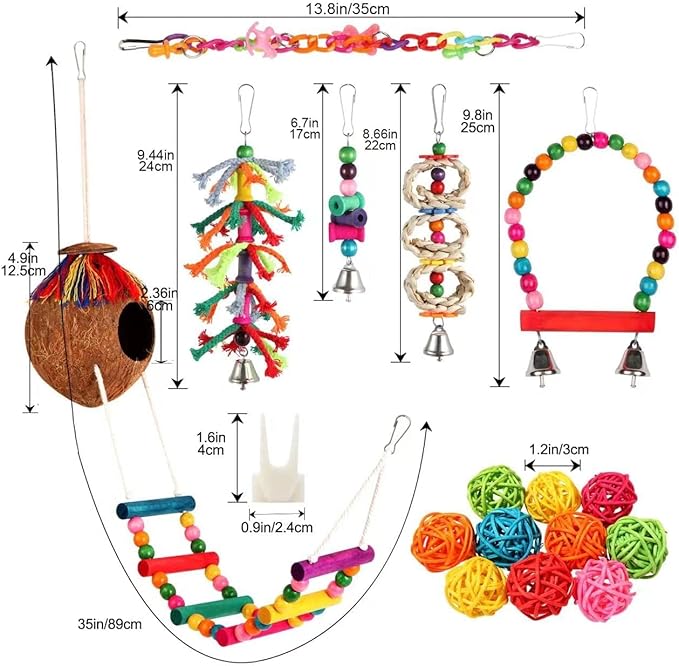 Bird Toys 17 Pcs Bird Parakeet Swing Chewing Hanging Toys Climbing Ladder Coconut Bird Cage Toys Suitable for Cockatiels,Conures,Finches,Budgie,Love Birds