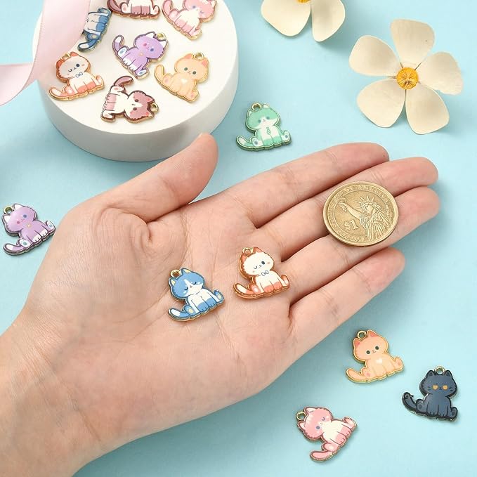 KitBeads 16pcs 8 Styles Kitten Charms Cartoon Animal Pet Charms Flower Printed Mini Cat Charms for Jewelry Making Bracelets Bulk