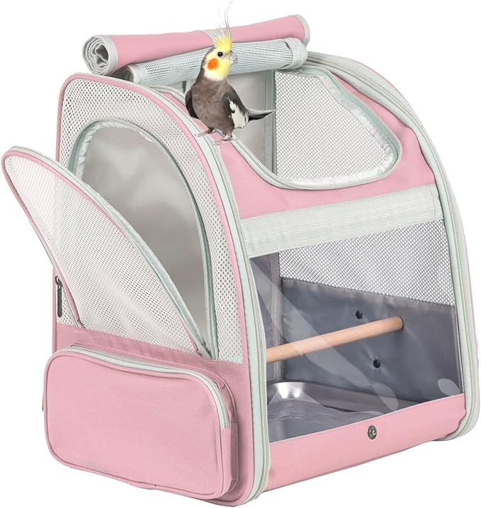 Bird Carrier Backpack with Wooden Stand Perch, Bird Travel Carrier Backpack (Pink, Bird Backpack)