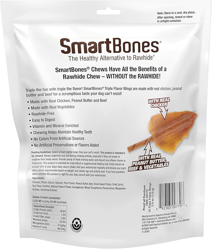 SmartBones No Artificial Colors or Preservatives Rib and Wing Chews, Treat Your Dog to a Fun Shapped Triple Flavor Chew