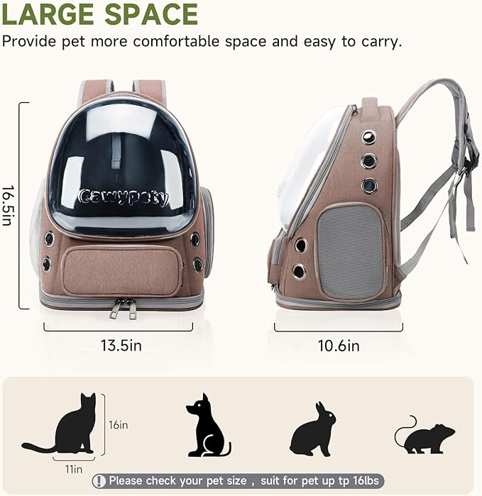 Cat Backpack Carrier, Breathable Cat Carrier Large Space Bubble Pet Backpack for Kitty Small Dog up to 15lbs, Transparent & Foldable Pet Carrier for Travel Hiking