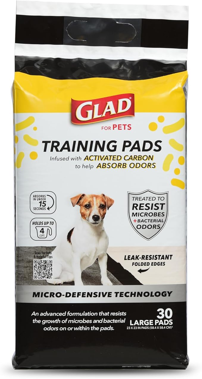 Glad for Pets Activated Carbon Puppy Training Pads with Anti-Microbial Technology, 23"x23" 30ct | Ultra Absorbent, Odor Control, Heavy Duty Puppy Potty Training Pads