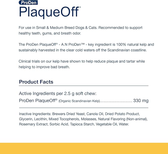 ProDen PlaqueOff Soft Chews with Natural Kelp - for Small & Medium Breed Dogs & Cats - Supports Normal, Healthy Teeth, Gums, and Breath Odor in Dogs & Cats - 90 Soft Chews