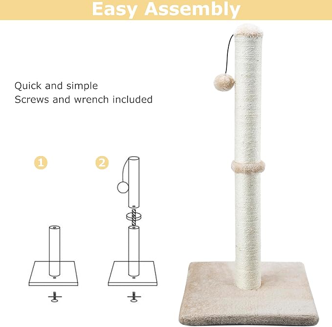 Tall Cat Scratching Post 34” Basic Vertical Scratcher for Indoor Cats and Kittens, Cat Scratch with Sturdy Sisal Rope and Hanging Ball, Large Heavy Plush Base (Light Brown)