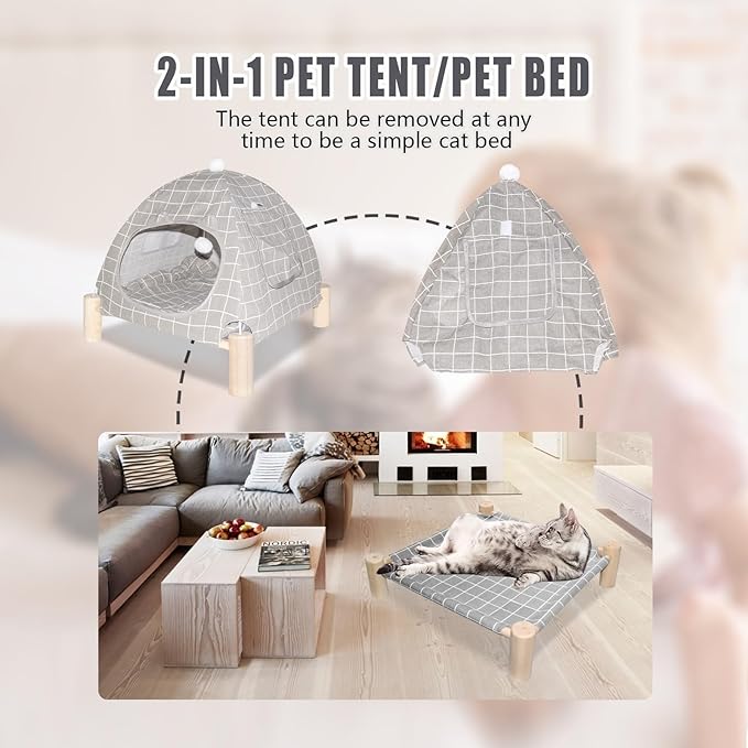 Pozico 2 in 1 Cat Bed Tent Wooden Frame Cat Teepee Cat Hammock, Quick Assembly and Disassembly, Portable Indoor/Outdoor Pet Dog Tent House for Cats Puppies Small Animals:Grey Grid Tent