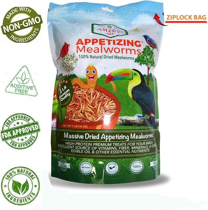 Amzey Dried Mealworms 1 LB, 100% Natural for Chicken Feed, Bird Food, Fish Food, Turtle Food, Duck Food, Reptile Food, Non-GMO, No Preservatives, High Protein and Nutrition, Zipped Bag