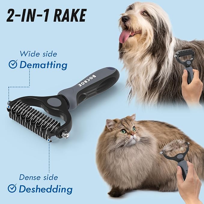 Pet Grooming Brush and Metal Comb Combo, Cat Brush Dog Brush for Shedding, Undercoat Rake for Dogs Grooming, Dematting Deshedding Brush Dogs Shedding Tool for Long matted Haired Pets, Gray