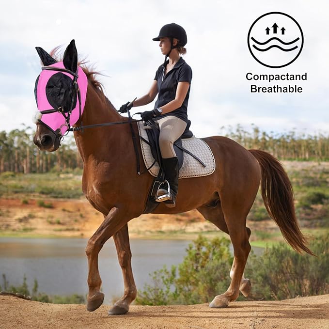 3 Pcs Horse Fly Mask-Fly Masks for Horses with Ears, Breathable Elastic Fabric for Sun Protection for Large/Medium Size Adult Horses (Pink-Purple-Blue, Large)