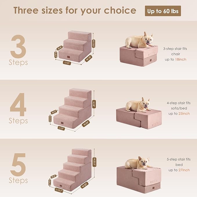 EHEYCIGA Dog Stairs for Small Dogs 13.5" H, 3-Step Dog Steps for Couch Sofa and Chair, Pet Steps for Small Dogs and Cats, Non-Slip Balanced Dog Indoor Ramp, Pink