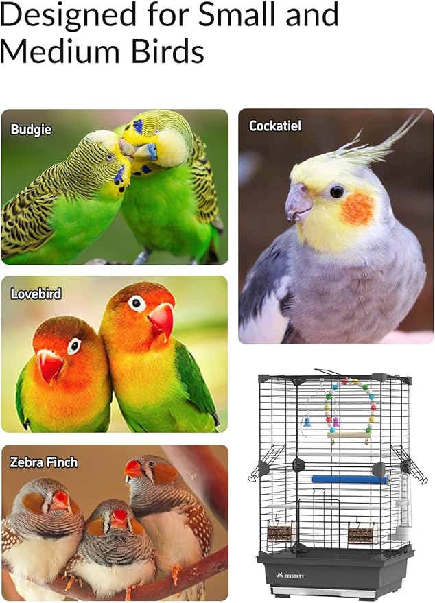 17 Inch Small Square Metal Pet Bird Cage, Parrot Cage, Bird Carrier Travel Cage, with Bird Standing Stick, Swing, Water Feeder, Easy to Clean, for Budgies, Zebra Finches and Other Small Birds