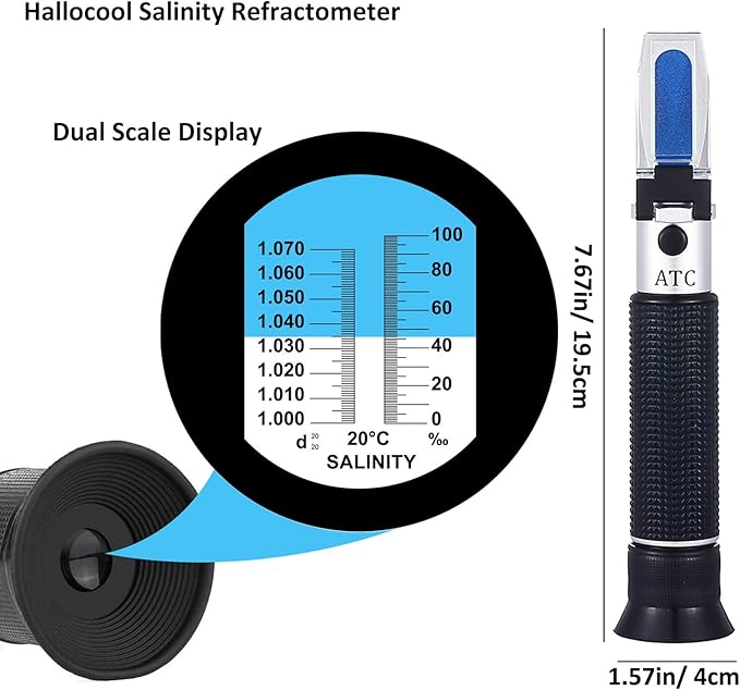 Salinity Refractometer for Seawater Marine Fishkeeping Aquarium 0-100PPT & 1.000-1.070 Salinity Hydrometer Salinity Tester with with Automatic Temperature Compensation (ATC)