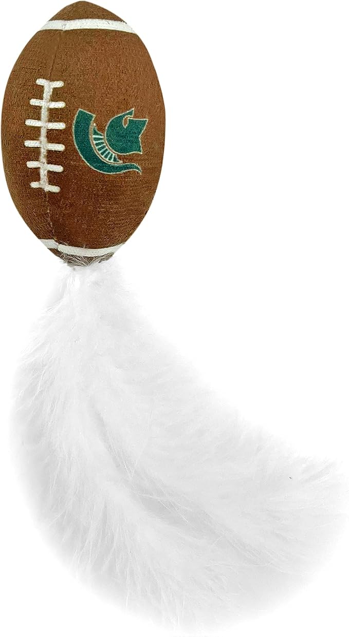 BEST PLUSH CAT TOY: NCAA MICHIGAN STATE SPARTANS Complete Set of 3 piece Cat Toys filled with Fresh Catnip. Includes: 1 Helmet Cat Toy, 1 Football Cat Toy with Feathers & 1 Beer Bottle. With Team LOGO