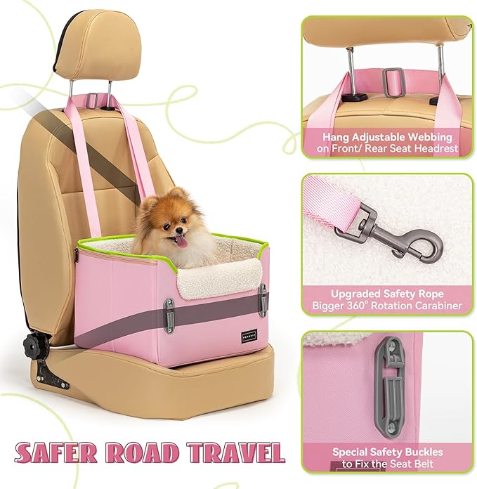 PETSFIT Small Dog Car Seat, Puppy Portable Dog Booster seat for Car with Clip-On Leash, Adjustable Straps Suitable for Small Pets Up to 25lbs (Pink)