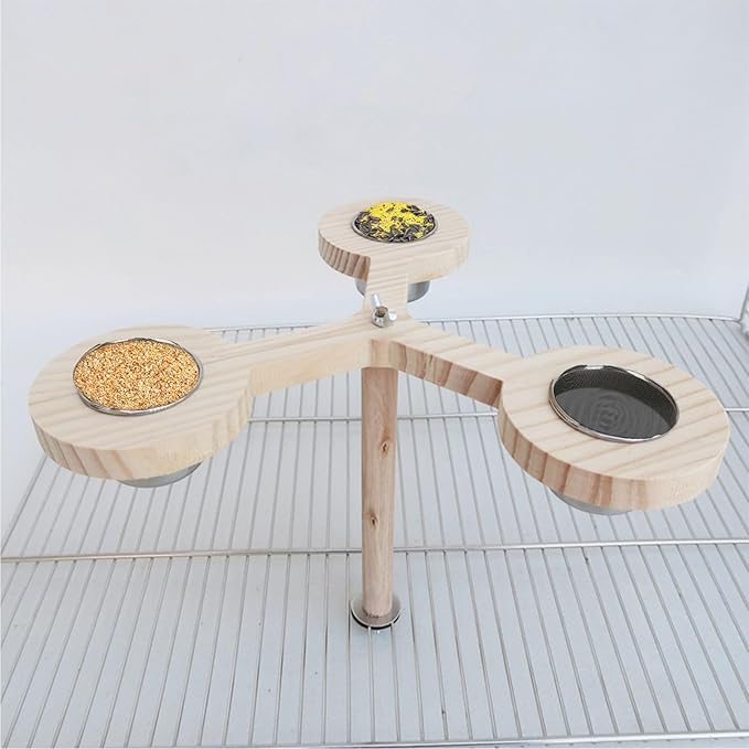 Wooden Bird Perch with 3 Stainless Steel Bird Feeding Dish Cups，Parrot Cage Top Branch Standing Bird Feeder Parrot Food Water Bowls for Parakeets Conures Cockatiels Budgie Parrot