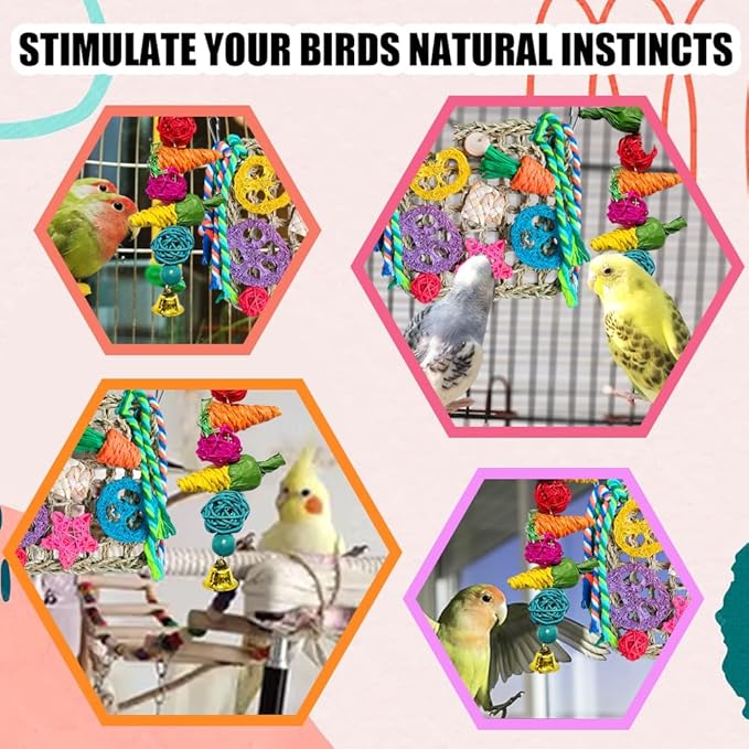 4 Pcs Parrot Toys, Foraging Shredding Seagrass Wall for Birds, Seagrass Woven Climbing Hammock Mat with Colorful Chewing Toys for Lovebirds, Parakeets, Budgerigars, Conure, Cockatiel